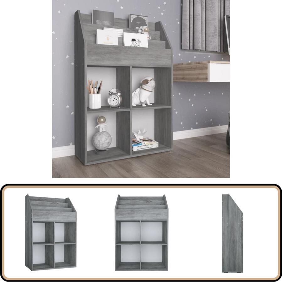 VidaXL Tijdschriftenrek 71x30x114 cm 7 Schappen Kinderboekenschrank Houten Boekenkast Betonnen Grijze Kast Kinderspeelgoedopslag Organisator Voor Kinderen