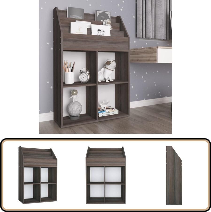 VidaXL Tijdschriftenrek 71x30x114 cm Grijs Eiken Kinderboekenschrank Houten Boekenkast Kids Kast Leeshoek Decoreren Speelgoedopslag