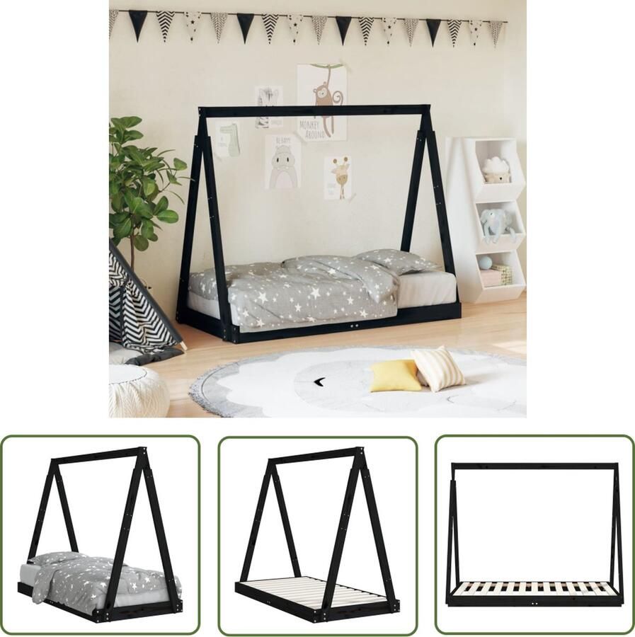 The Living Store Zwarte Kinderbedframe Tipibed Ontwerp Massief Grenenhout 149 x 74 x 121.5 cm Geschikt voor 18 maanden tot 4 jaar