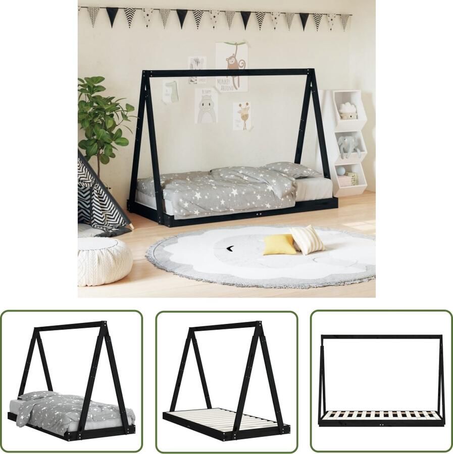 The Living Store Tipibed Kinderbedframe Massief Grenenhout 169 x 84 x 121.5 cm Zwart Kinderbed Tippied Kids Bed Houten Bed Grenenhouten Bed