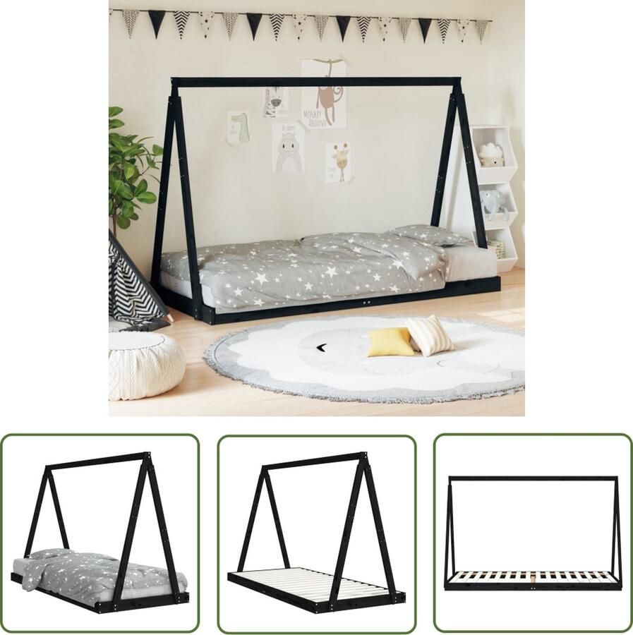 The Living Store Kinderbed Tipibed Zwart Massief grenenhout 209x94x134 cm Geschikt voor kinderen vanaf 4 jaar Montage vereist Kinderbed Tippied Kidsbed Houten Bed Zwarte Kinderkamer