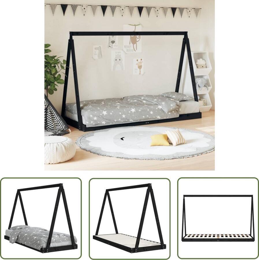 The Living Store Kinderbed Tipi Massief grenenhout 209x84x134 cm Zwart Kinderbed Tippij Kidsbed Houten Bed Grenenhout Bed