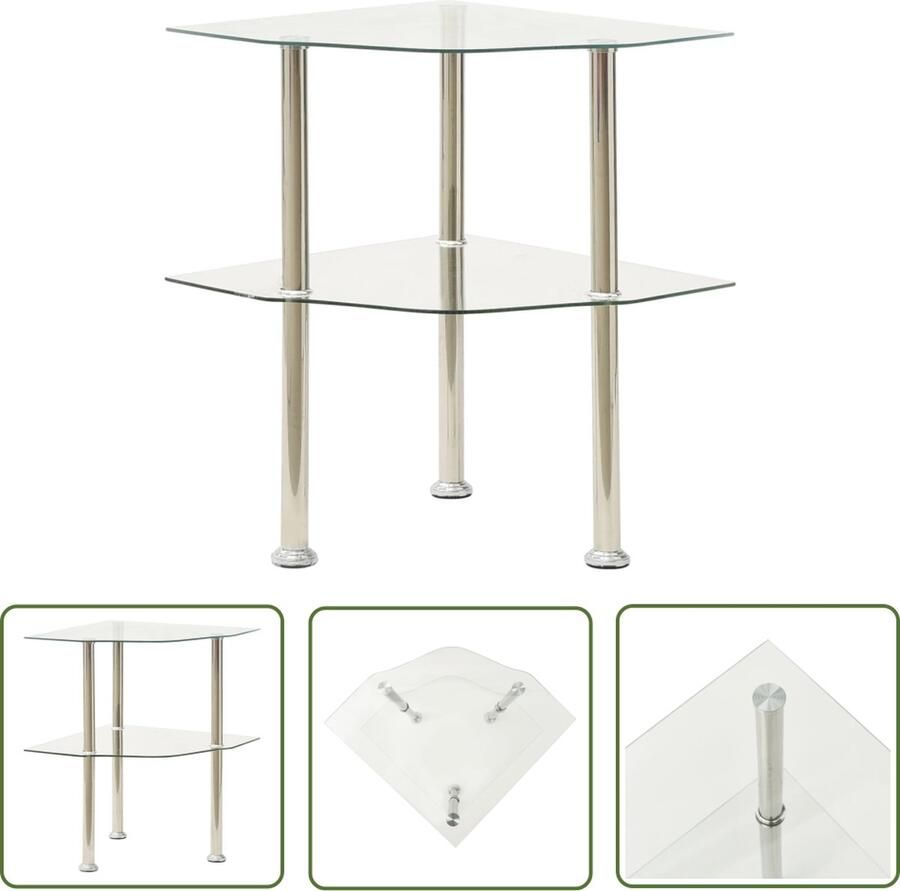 The Living Store Bijzettafel 2 lagen 38 x 38 x 50 cm Transparant glas en roestvrij staal Bijzettafel Transparante Tafel Glazen Tafel Design Tafel Modern Tafel - Foto 2
