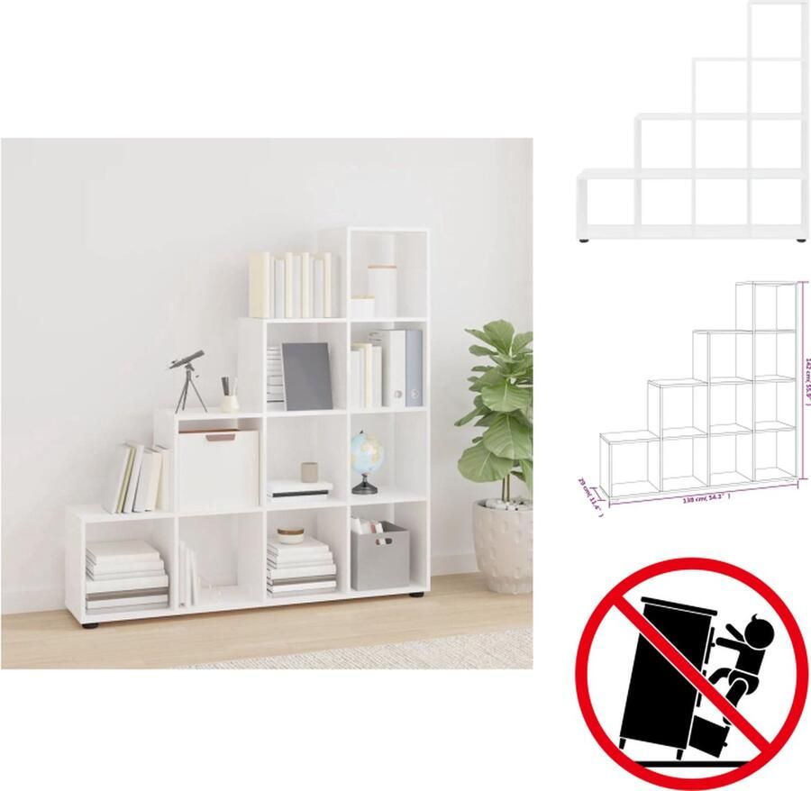 VidaXL Trapvormige Boekenkast Trapvormige Boekenkasten Boekenplank Boekenkast trapvormig 142 cm bewerkt hout hoogglans wit