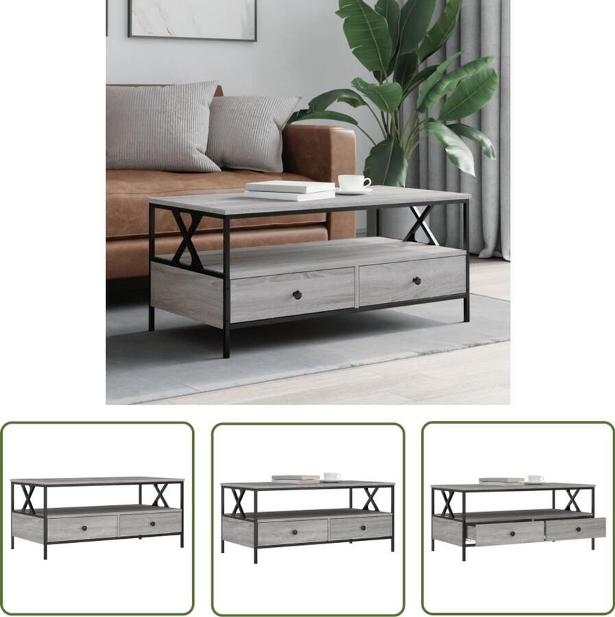 The Living Store Salontafel 100x51x45 cm bewerkt hout grijs sonoma eiken Salontafel Trendy Salontafel Grijze Salontafel Houten Salontafel Met Lades