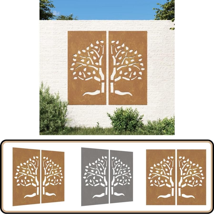 VidaXL Tuin Wanddecoratie Boomontwerp 2 stuks Tuinmuurdecoratie Cortenstaal Roestvrij Staal Buitendecoratie Boomvormig Wandsculptuur Tuindecoratie