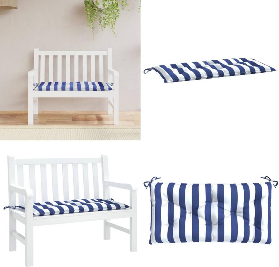 VidaXL Tuinbankkussen 100x50x7 cm stof gestreept wit en blauw Tuinbankkussen Tuinbankkussens Tuinbank Kussen Buitenbankkussen