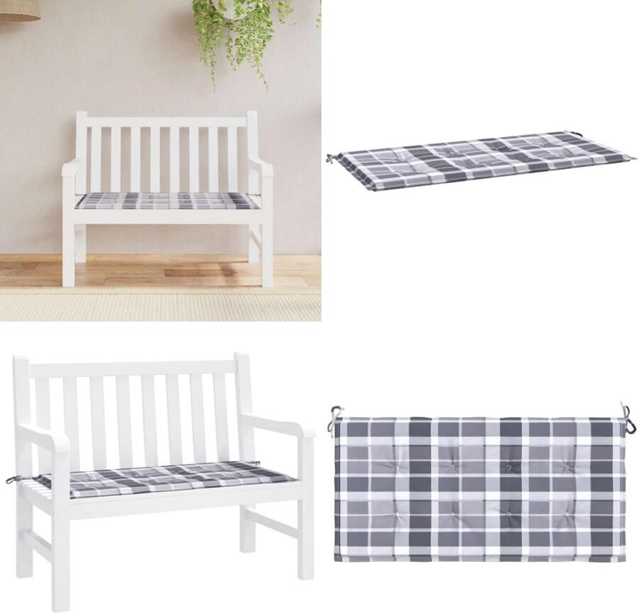 VidaXL Tuinbankkussen 120x50x3 cm oxford stof ruitpatroon grijs Tuinbankkussen Tuinbankkussens Tuinbank Kussen Buitenbankkussen