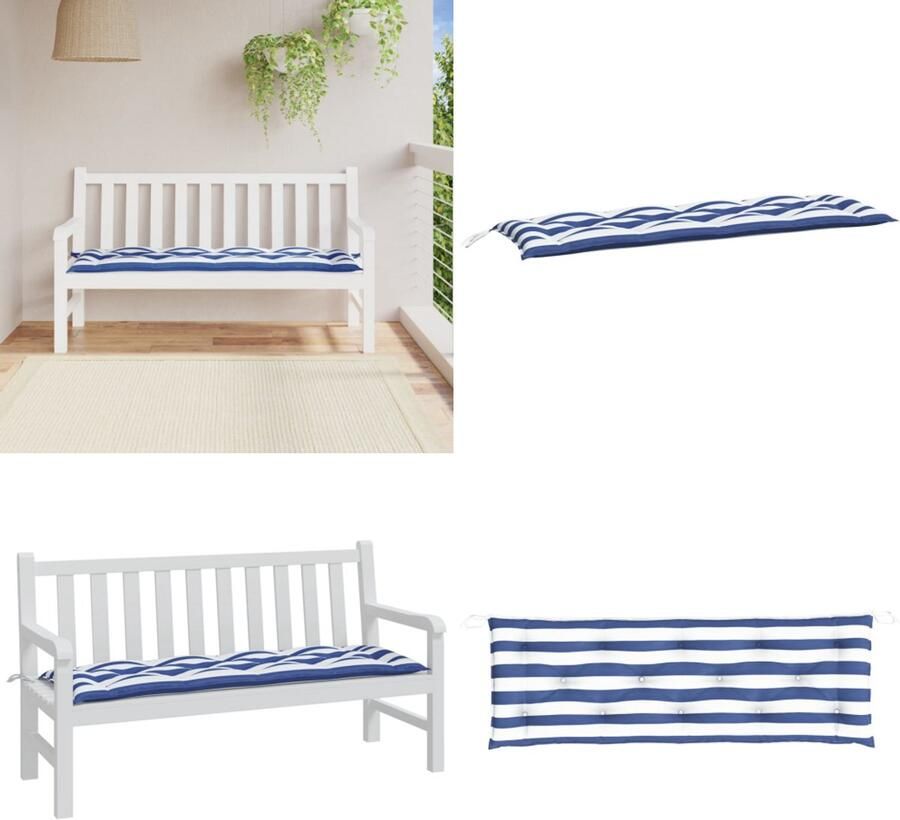 VidaXL Tuinbankkussen 150x50x7cm stof gestreept wit en blauw Tuinbankkussen Tuinbankkussens Tuinbank Kussen Buitenbankkussen
