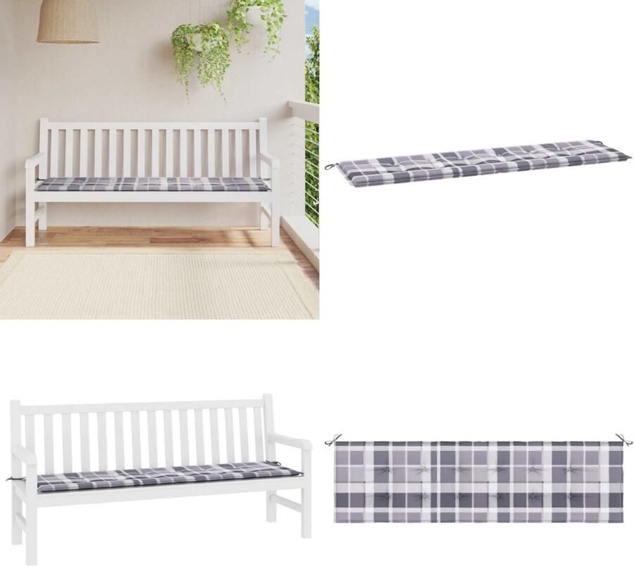 VidaXL Tuinbankkussen 180x50x3 cm oxford stof ruitpatroon grijs Tuinbankkussen Tuinbankkussens Tuinbank Kussen Buitenbankkussen