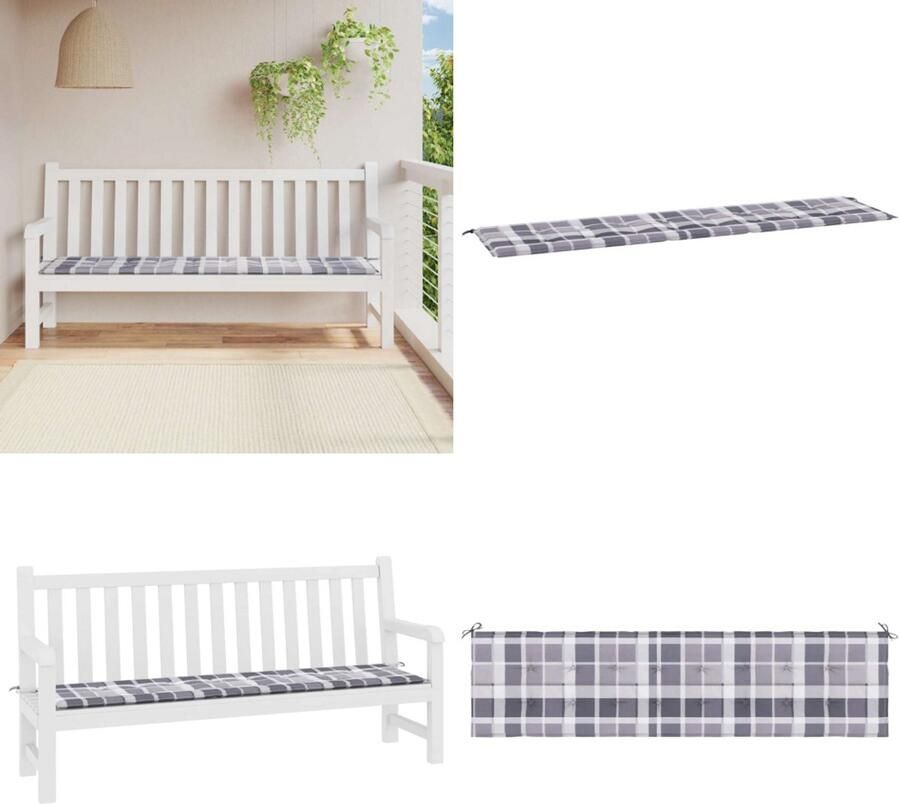 VidaXL Tuinbankkussen 200x50x3 cm oxford stof ruitpatroon grijs Tuinbankkussen Tuinbankkussens Tuinbank Kussen Buitenbankkussen