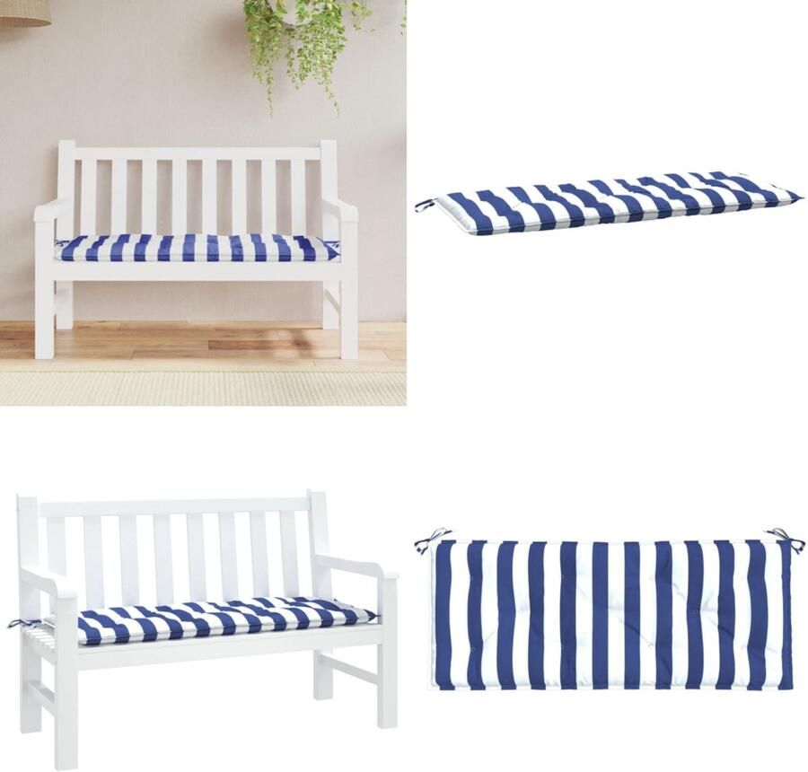 VidaXL Tuinbankkussen gestreept 120x50x7 cm stof wit en blauw Tuinbankkussen Tuinbankkussens Tuinbank Kussen Buitenbankkussen