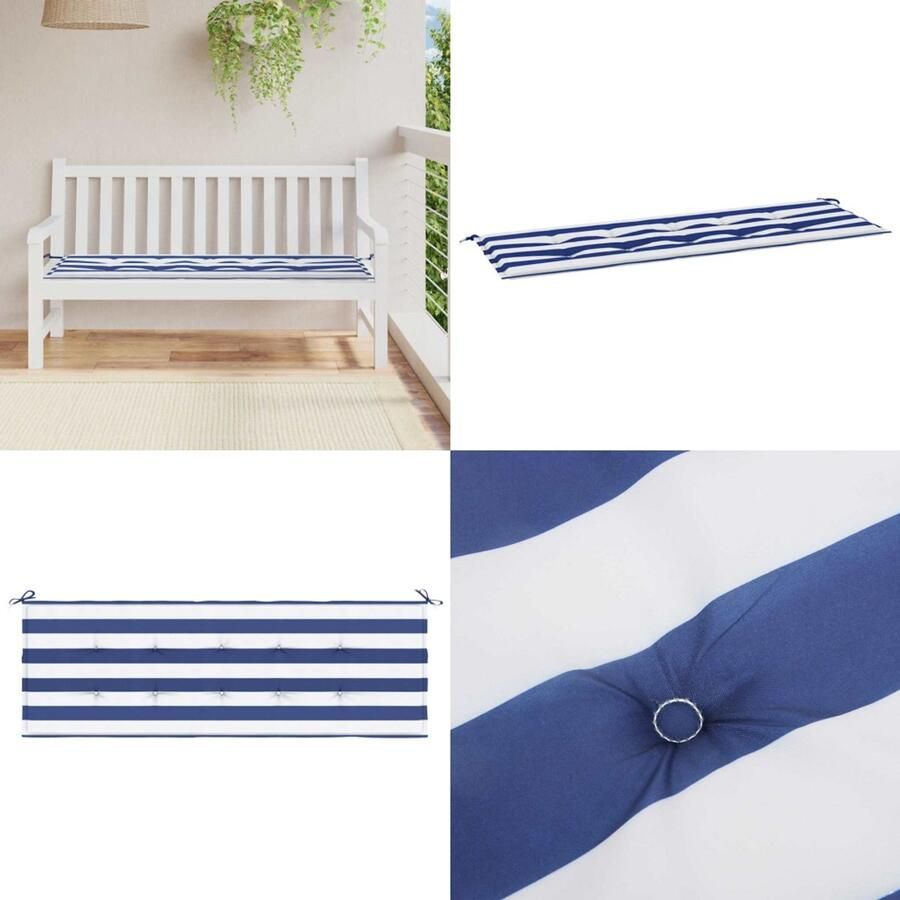 VidaXL Tuinbankkussen gestreept 150x50x3 cm oxford stof wit en blauw Tuinbankkussen Tuinbankkussens Tuinbank Kussen Buitenbankkussen