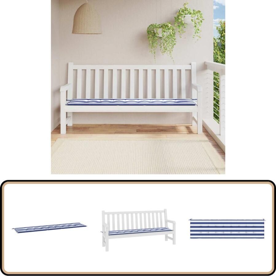 VidaXL Tuinbankkussen gestreept 200x50x3 cm Blauw Wit Tuinbankkussen Tuinkussen Buitendecoratie Outdoordecoratie Lounge Set Balkonset Terrasdecoratie Garden Furniture