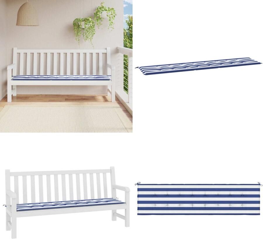 VidaXL Tuinbankkussen gestreept 200x50x3 cm stof wit en blauw Tuinbankkussen Tuinbankkussens Tuinbank Kussen Buitenbankkussen