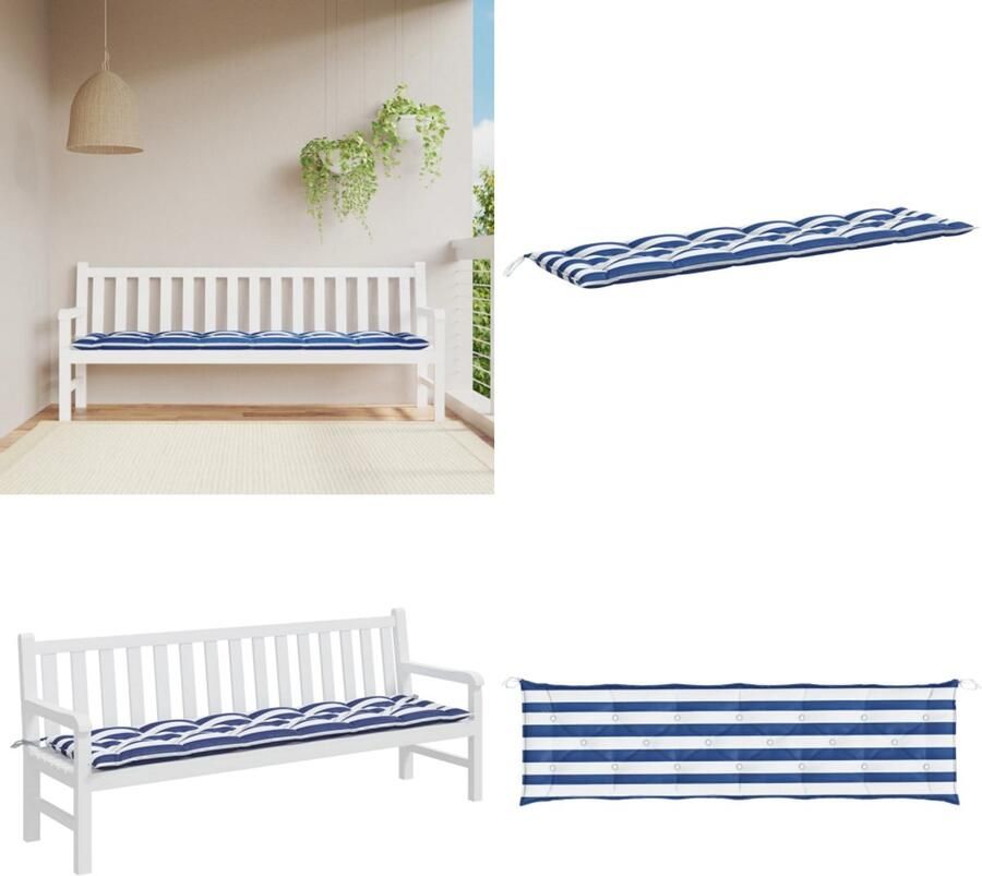 VidaXL Tuinbankkussen gestreept 200x50x7 cm stof wit en blauw Tuinbankkussen Tuinbankkussens Tuinbank Kussen Buitenbankkussen