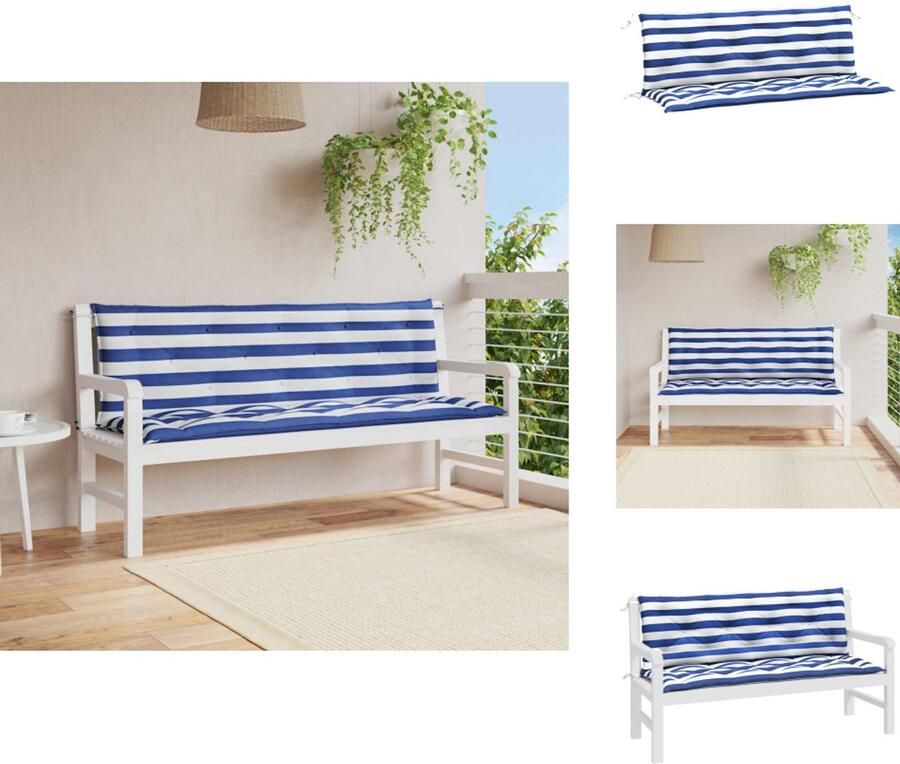 VidaXL Tuinbankkussen Tuinbankkussens Tuinbank Kussen Buitenbankkussen Tuinbankkussens 2 st gestreept 150x50x7 cm stof wit en blauw