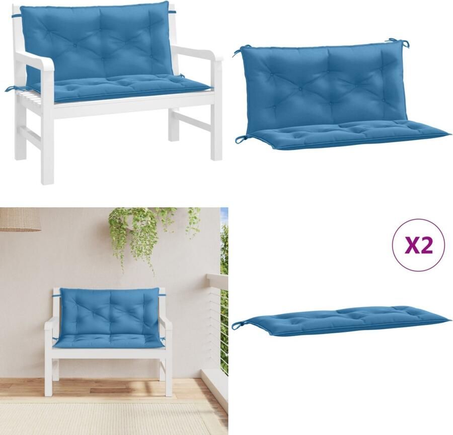VidaXL Tuinbankkussens 2 st 100x50x7 cm stof gemêleerd blauw Tuinbankkussen Tuinbankkussens Tuinbank Kussen Buitenbankkussen