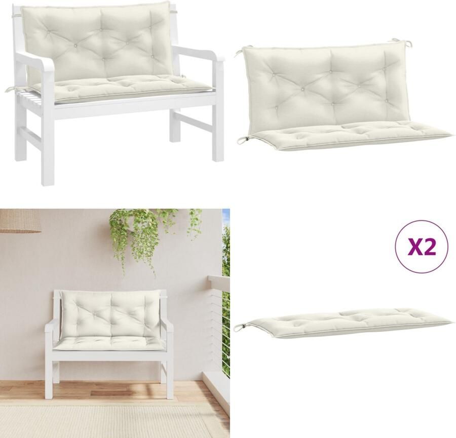 VidaXL Tuinbankkussens 2 st 100x50x7 cm stof gemêleerd crèmekleurig Tuinbankkussen Tuinbankkussens Tuinbank Kussen Buitenbankkussen