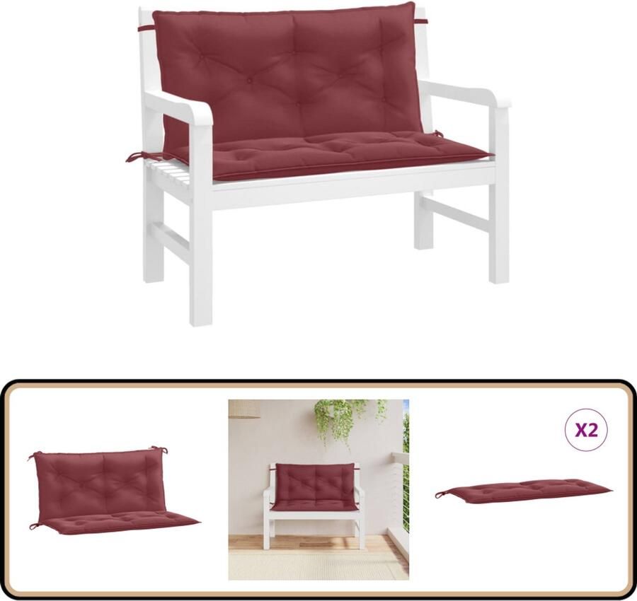 VidaXL Tuinbankkussens 2 st 100x50x7 cm Wijnrood Tuinbankkussens Buitenkussens Balkondecoratie Lounge Set Accessoires Zitkussens