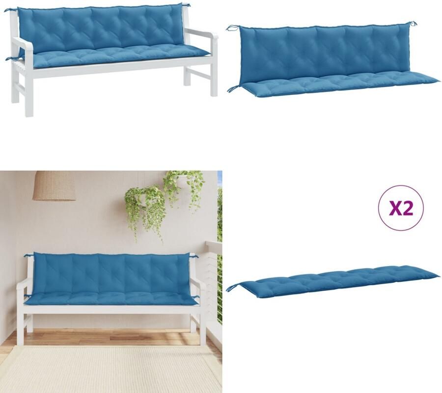 VidaXL Tuinbankkussens 2 st 180x50x7 cm stof gemêleerd blauw Tuinbankkussen Tuinbankkussens Tuinbank Kussen Buitenbankkussen