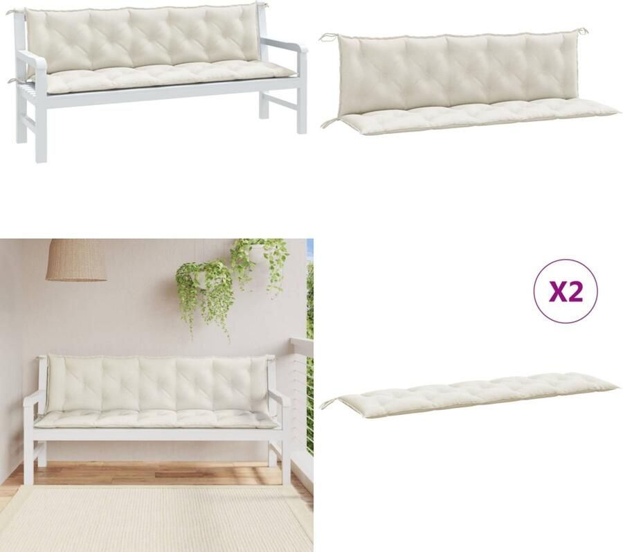 VidaXL Tuinbankkussens 2 st 180x50x7 cm stof gemêleerd crèmekleurig Tuinbankkussen Tuinbankkussens Tuinbank Kussen Buitenbankkussen