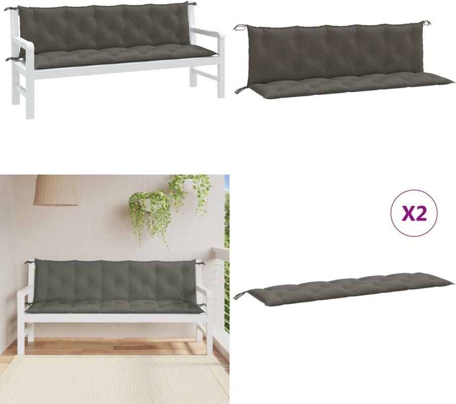 VidaXL Tuinbankkussens 2 st 180x50x7 cm stof gemêleerd donkergrijs Tuinbankkussen Tuinbankkussens Tuinbank Kussen Buitenbankkussen