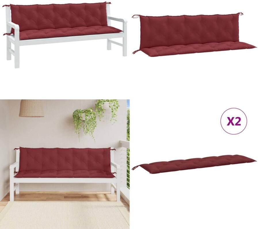VidaXL Tuinbankkussens 2 st 180x50x7 cm stof gemêleerd wijnrood Tuinbankkussen Tuinbankkussens Tuinbank Kussen Buitenbankkussen
