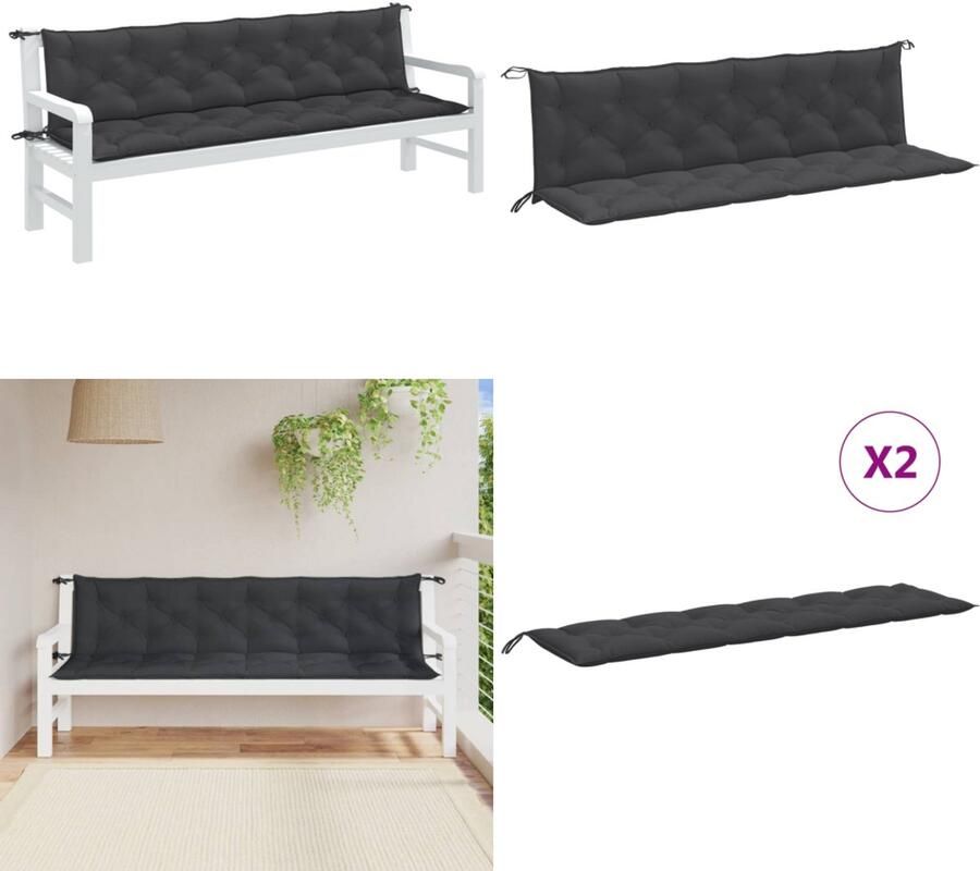 VidaXL Tuinbankkussens 2 st 200x50x7 cm stof gemêleerd antracietkleur Tuinbankkussen Tuinbankkussens Tuinbank Kussen Buitenbankkussen