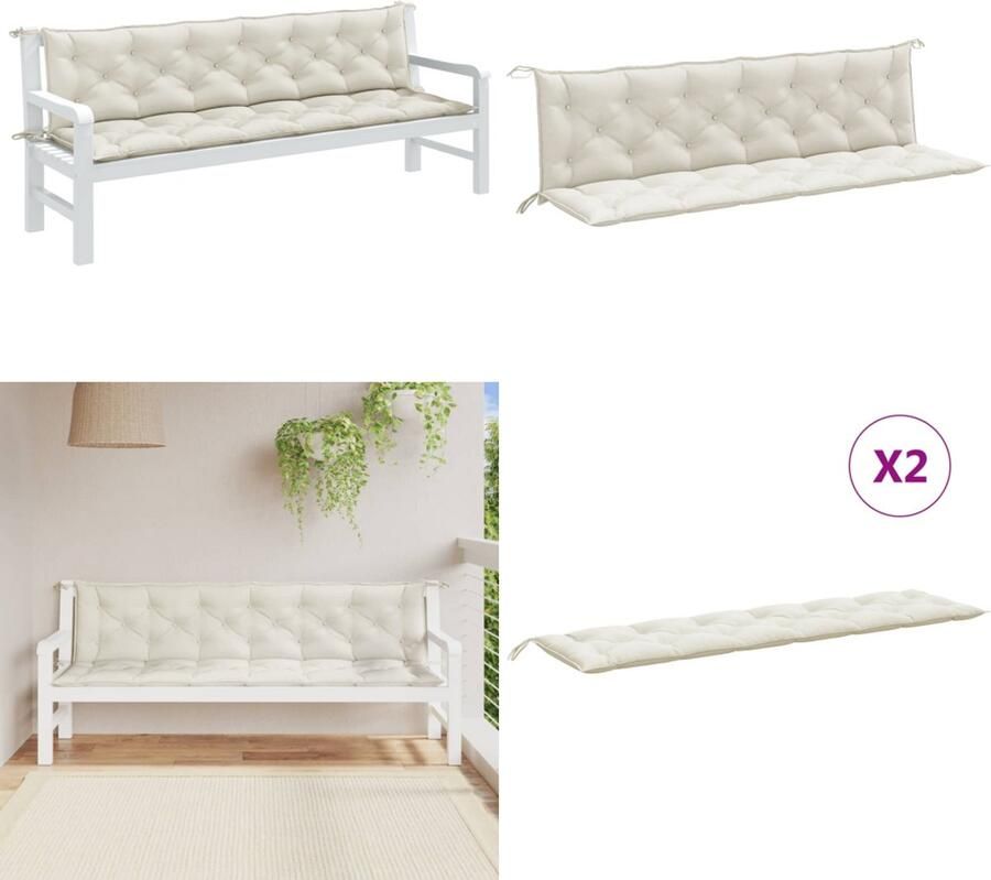 VidaXL Tuinbankkussens 2 st 200x50x7 cm stof gemêleerd crèmekleurig Tuinbankkussen Tuinbankkussens Tuinbank Kussen Buitenbankkussen