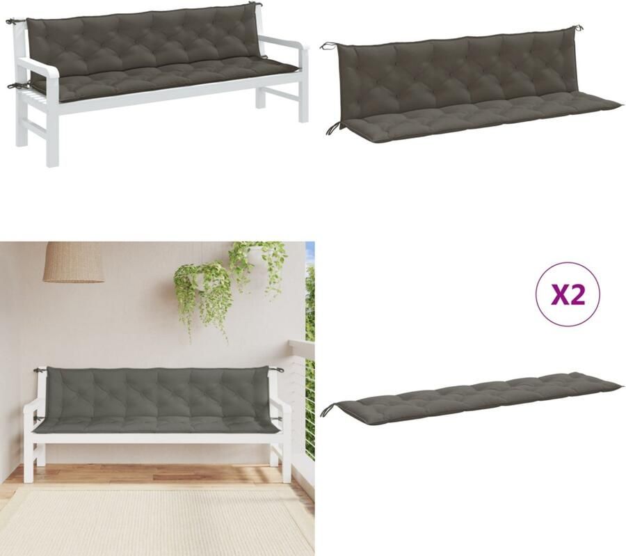 VidaXL Tuinbankkussens 2 st 200x50x7 cm stof gemêleerd donkergrijs Tuinbankkussen Tuinbankkussens Tuinbank Kussen Buitenbankkussen