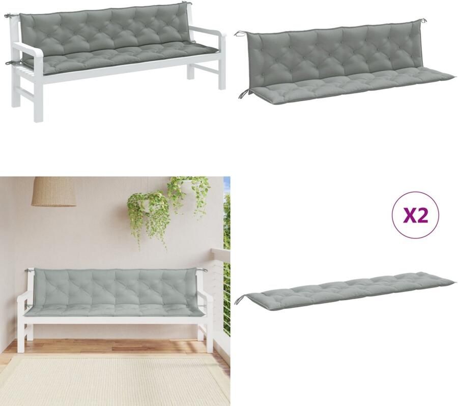 VidaXL Tuinbankkussens 2 st 200x50x7 cm stof gemêleerd lichtgrijs Tuinbankkussen Tuinbankkussens Tuinbank Kussen Buitenbankkussen