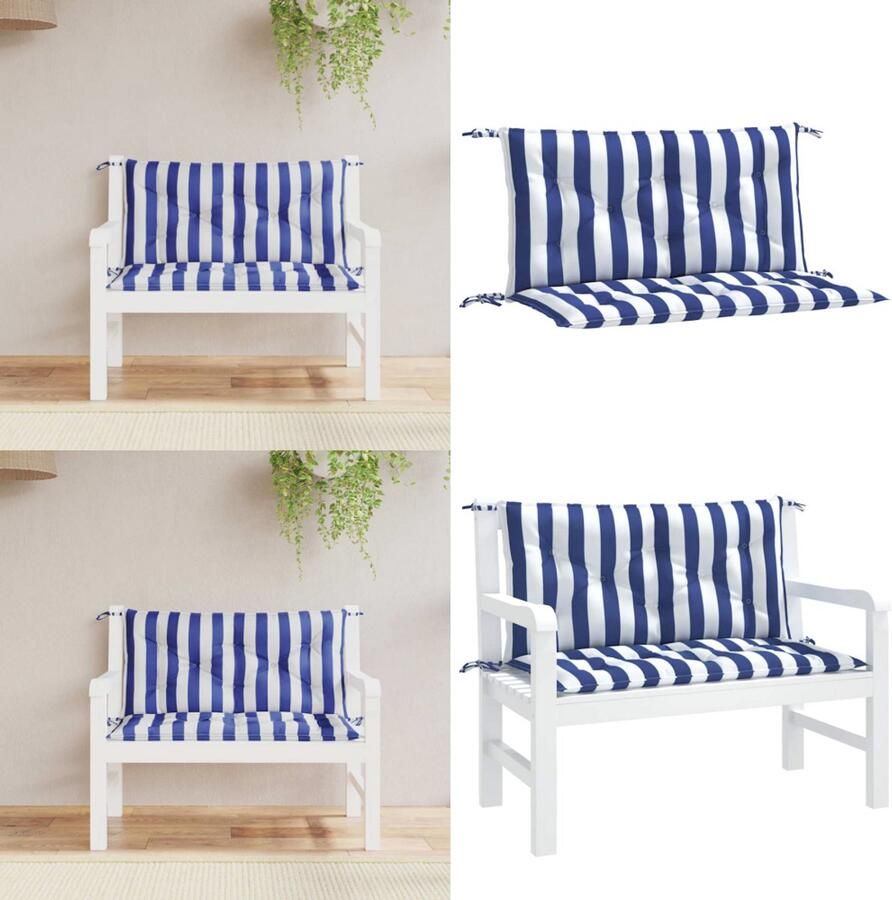 VidaXL Tuinbankkussens 2 st gestreept 100x50x7 cm stof wit en blauw Tuinbankkussen Tuinbankkussens Tuinbank Kussen Buitenbankkussen