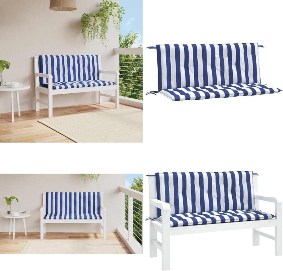 VidaXL Tuinbankkussens 2 st gestreept 120x50x7 cm stof wit en blauw Tuinbankkussen Tuinbankkussens Tuinbank Kussen Buitenbankkussen