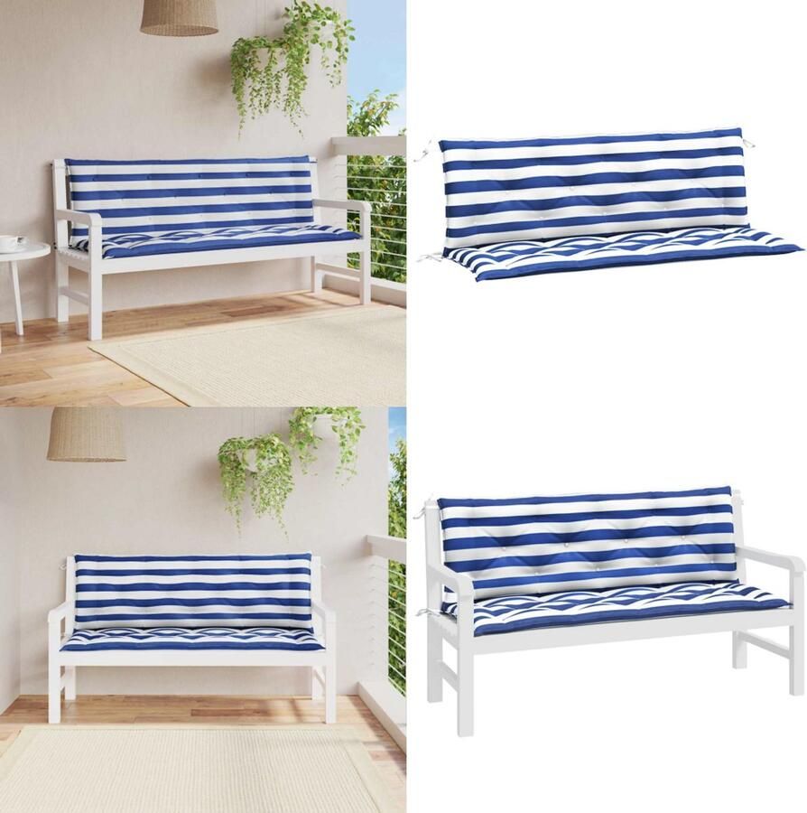 VidaXL Tuinbankkussens 2 st gestreept 150x50x7 cm stof wit en blauw Tuinbankkussen Tuinbankkussens Tuinbank Kussen Buitenbankkussen