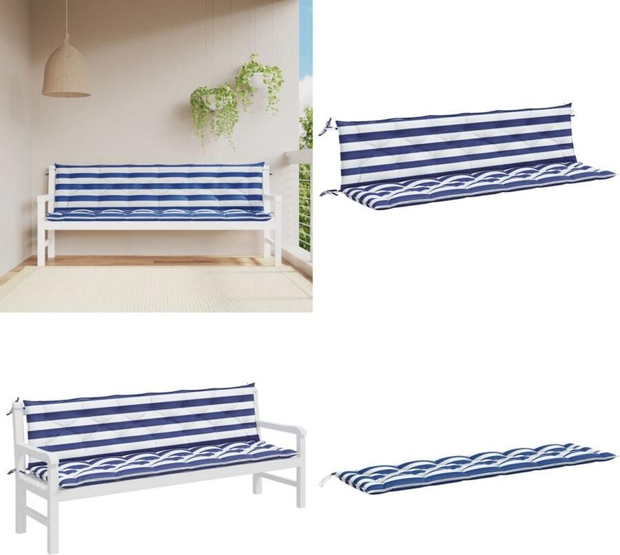 VidaXL Tuinbankkussens 2 st gestreept 200x50x7 cm stof wit en blauw Tuinbankkussen Tuinbankkussens Tuinbank Kussen Buitenbankkussen