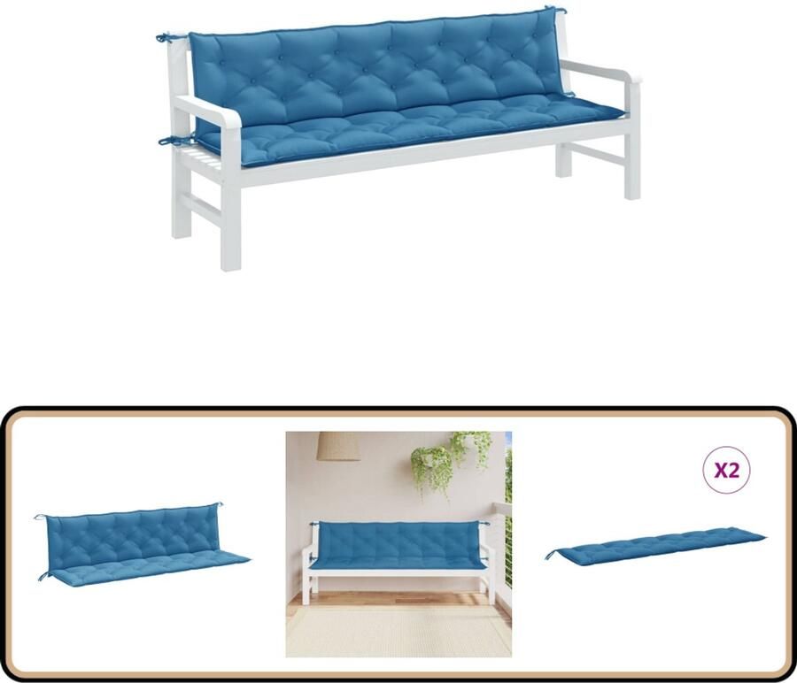 VidaXL Tuinbankkussens 2 stuks 200x50x7 cm Blauw Tuinbankkussen Tuinbankkussens Tuinbank Kussen Buitenbankkussen