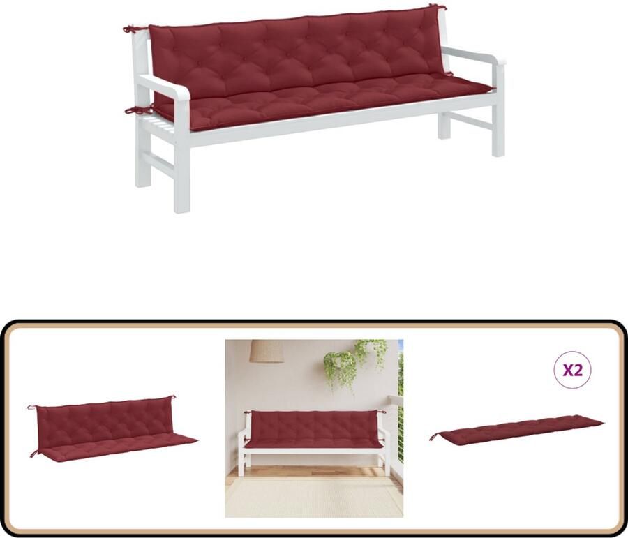 VidaXL Tuinbankkussens 2 stuks 200x50x7 cm Wijnrood Tuinbankkussens Buitenkussens Balkondecoratie Lounge Set Accessoires Tuinset