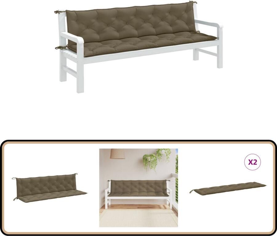 VidaXL Tuinbankkussens 200x50x7 cm Set van 2 Taupe Tuinbankkussen Tuinbankkussens Tuinbank Kussen Buitenbankkussen