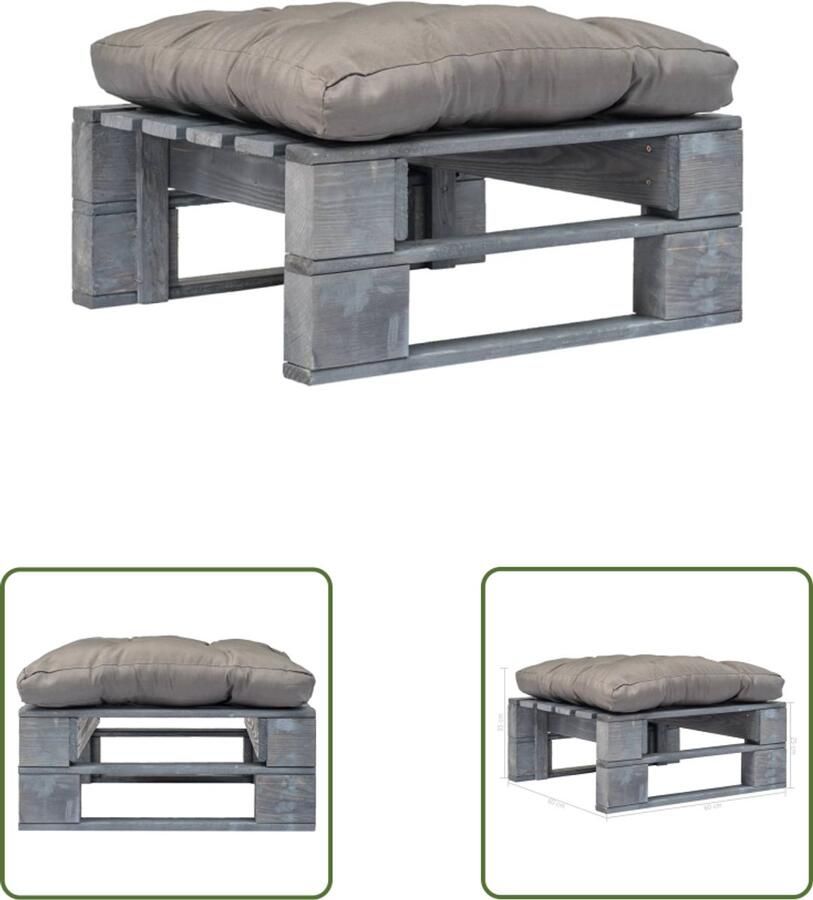 VidaXL Tuinhocker Grijs Grenenhout Inclusief Kussen Pallet Hocker Tuinstoel Buitentuinmeubilair Lounge Stoel Relax Fauteuil Relaxstoelen Outdoor Meubels Balkon Meubel