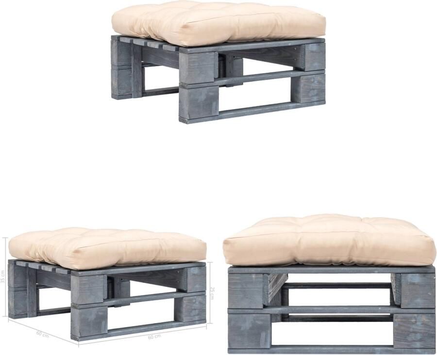 VidaXL Tuinhocker met zandkleurig kussen pallet hout grijs Poef Poefs Poefen Pallet Poef