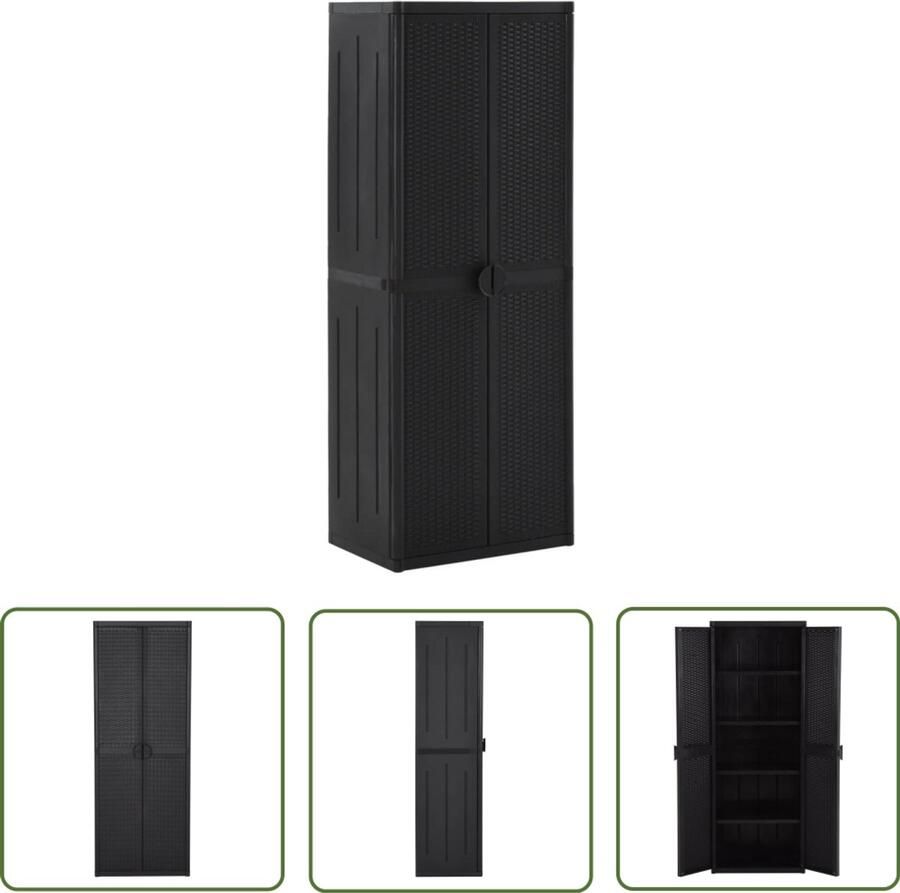 VidaXL Tuinkast 65x45x172 cm Rattan look Zwart Tuinkast Buitenkast Opbergkast Rattan Look Zwarte Kast Kasten Opslagruimte Tuinmeubilair Veranda Balkon Terras Kunststof Kast Polypropylene Kast