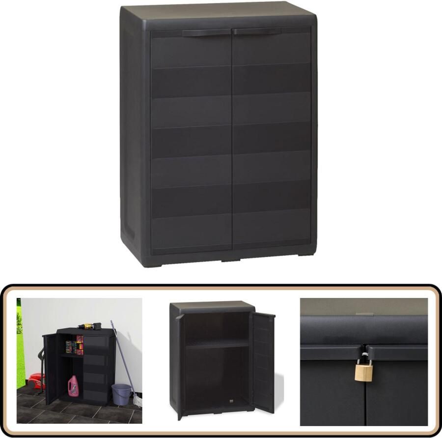 VidaXL Tuinkast met schap en veiligheidsslot zwart Opslagkast Tuinkast Buitenschrank Tuinmeubilair Kunststof Kast
