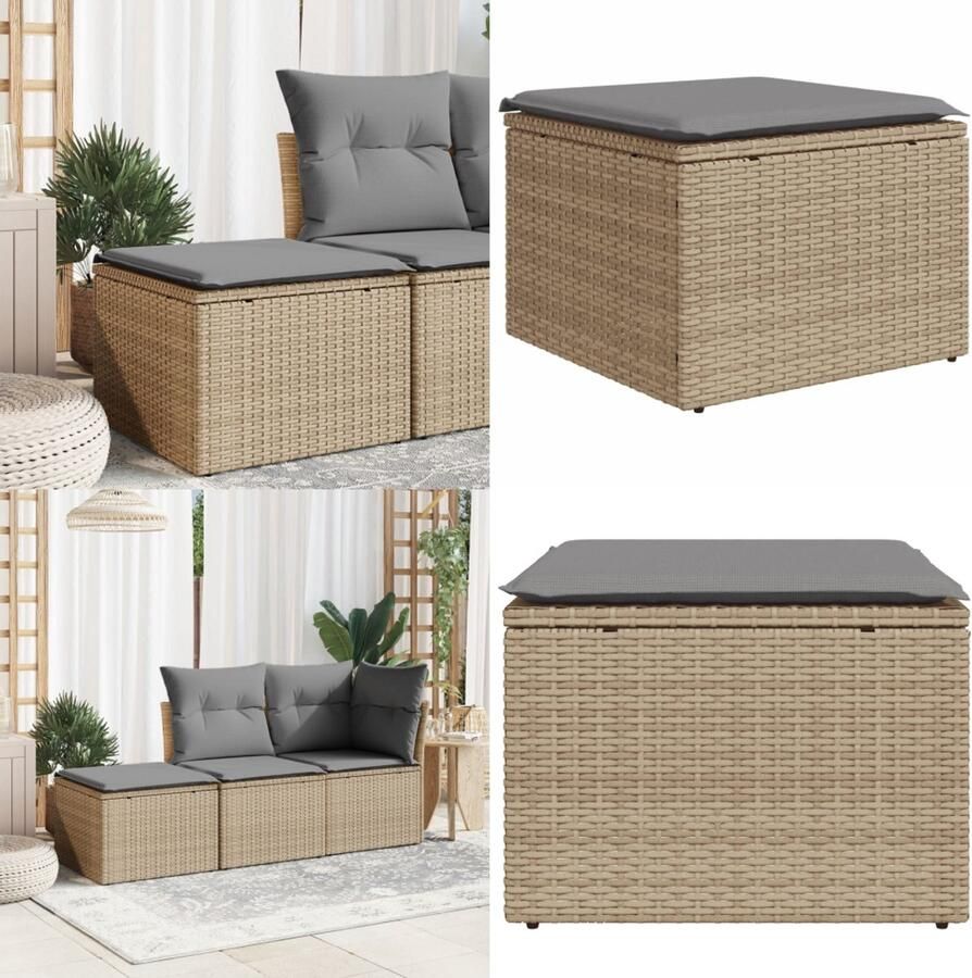 VidaXL Tuinkruk met kussen 55x55x37 cm poly rattan beige Tuinkruk Tuinkrukken Kruk Krukje