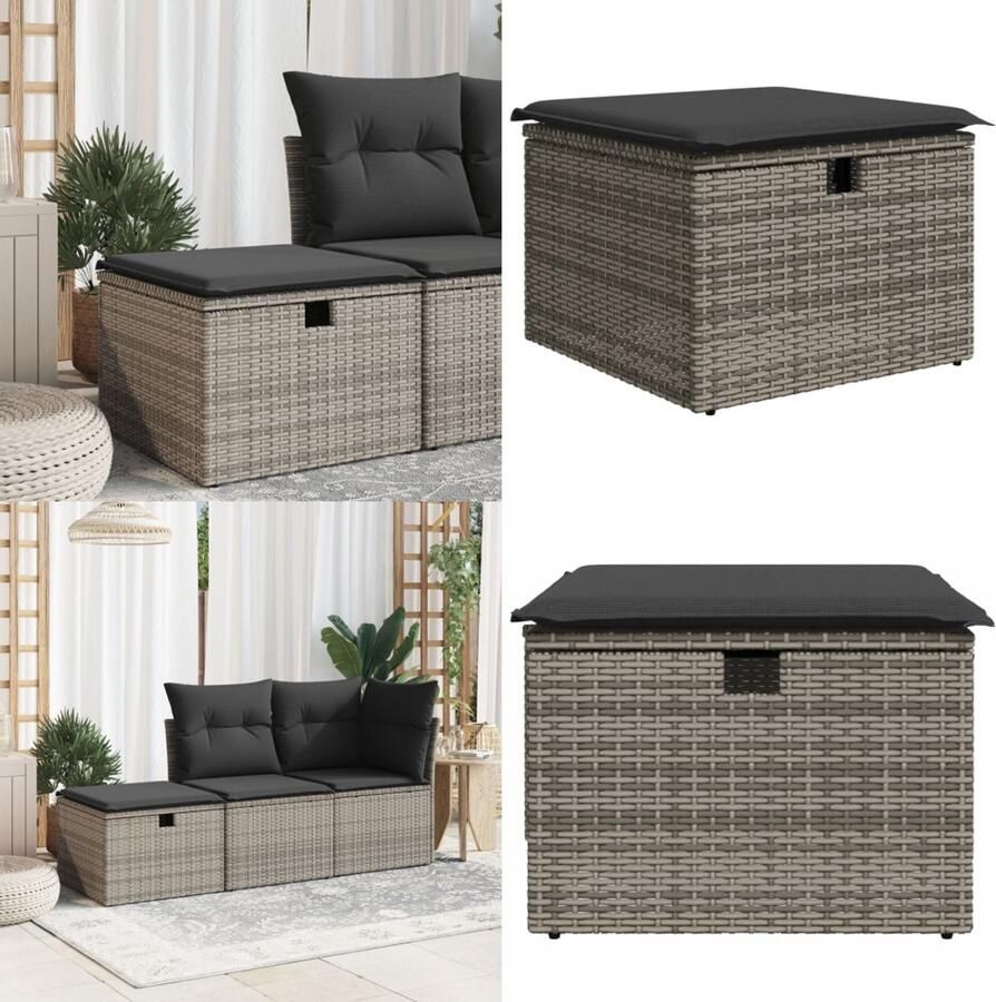 VidaXL Tuinkruk met kussen 55x55x37 cm poly rattan grijs Kruk Krukken Krukje Plantenkrukje