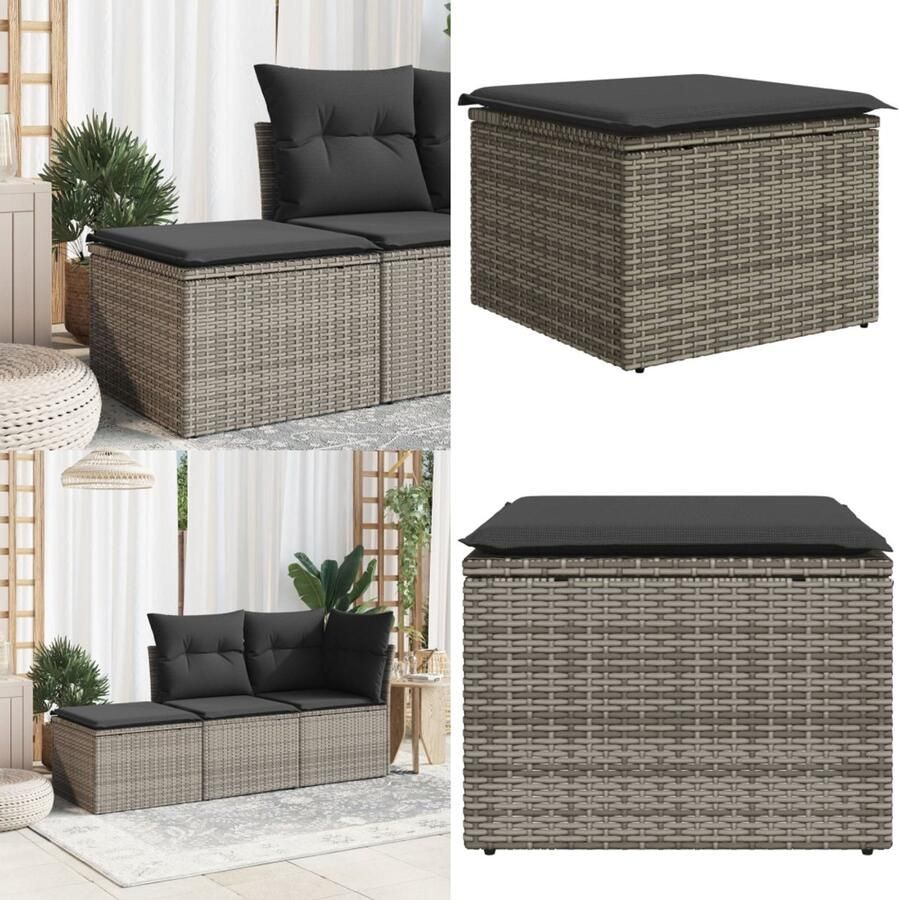 VidaXL Tuinkruk met kussen 55x55x37 cm poly rattan grijs Kruk Krukken Krukje Plantenkrukje