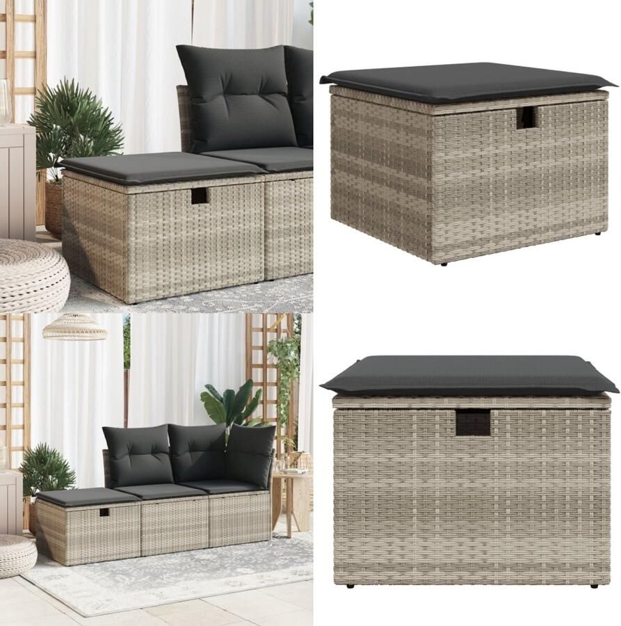 VidaXL Tuinkruk met kussen 55x55x37 cm poly rattan lichtgrijs Kruk Krukken Krukje Plantenkrukje