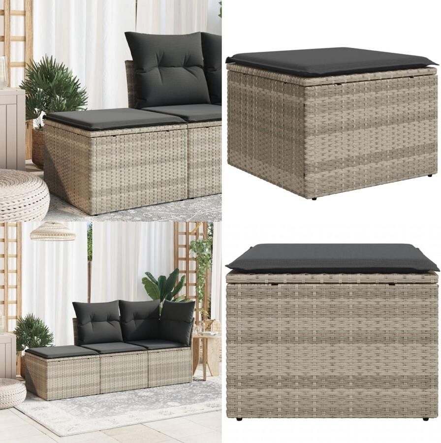 VidaXL Tuinkruk met kussen 55x55x37 cm poly rattan lichtgrijs Tuinkruk Tuinkrukken Kruk Krukje