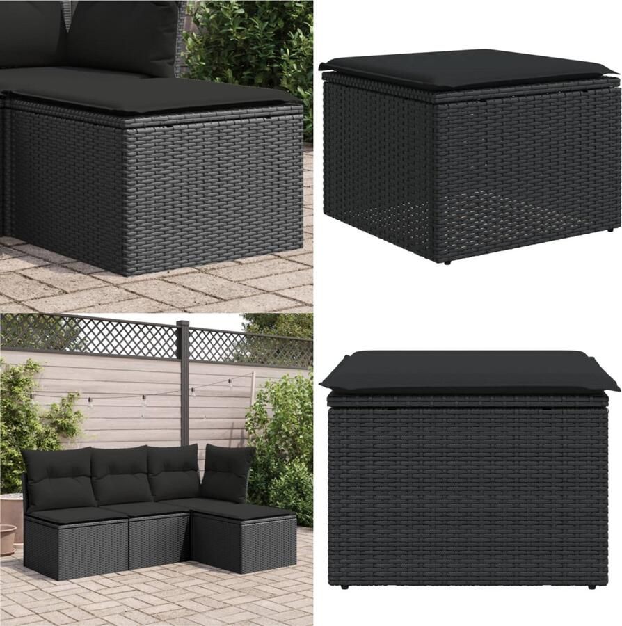 VidaXL Tuinkruk met kussen 55x55x37 cm poly rattan zwart Tuinkruk Tuinkrukken Krukje Rattan Krukje