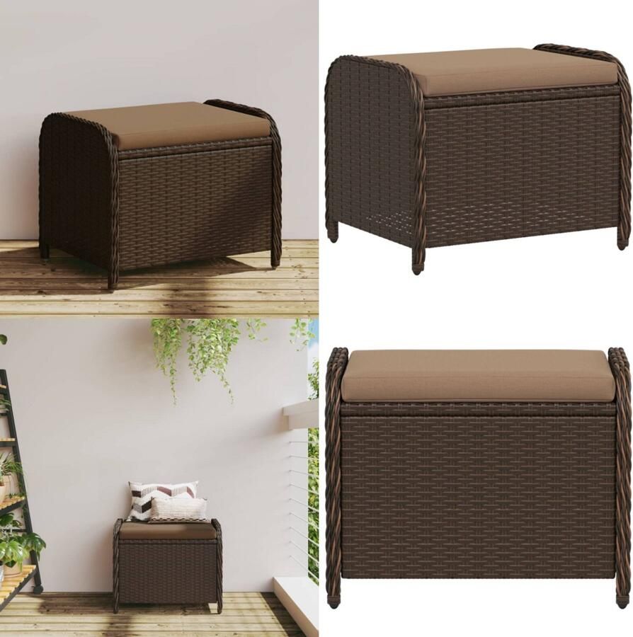VidaXL Tuinkruk met kussen 58x46x46 cm poly rattan bruin Tuinkruk Tuinkrukken Krukje Rattan Krukje